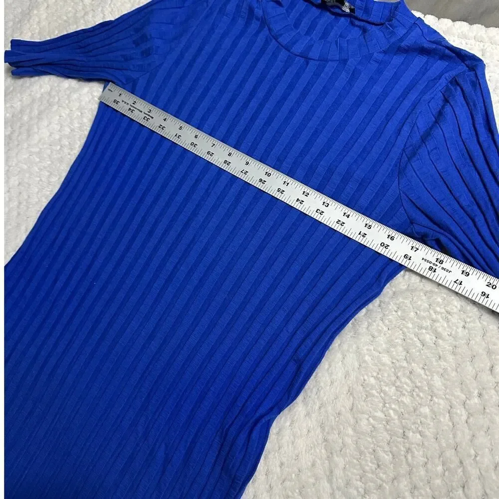 Eileen Fisher High-Low Dress Women's Large Blue Wide Rib Stretch Mock Neck